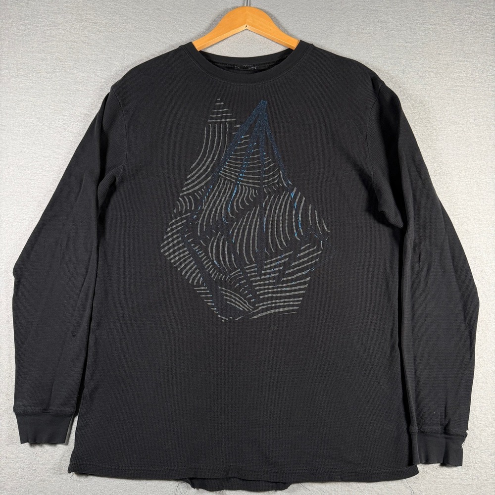 Volcom Mens Black Waffle Knit Thermal Long Sleeve Graphic Shirt XL Distressed